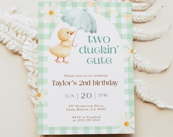 Duck 2nd Birthday Invitation - Editable Green Gingham & Daisy Template + Free Mobile Invite