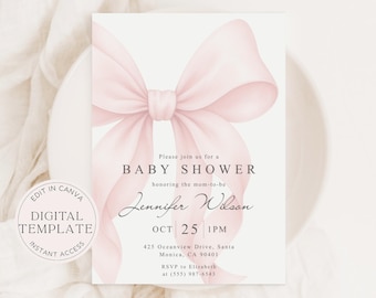 May include: A baby shower invitation with a large pink bow illustration. The invitation includes the text "BABY SHOWER" and details for the event, including the date, time, and location. The words "EDIT IN CANVA" and "DIGITAL TEMPLATE" are also visible.