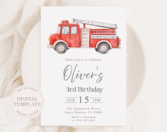 Fire Truck Birthday Invitation — Editable Rescue Vehicle Canva Template. Digital Download TCLS0051
