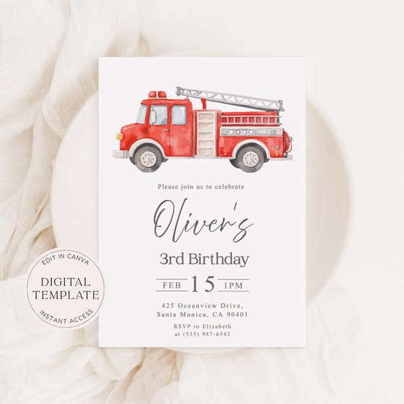 Fire Truck Birthday Invitation — Editable Rescue Vehicle Canva Template. Digital Download TCLS0051