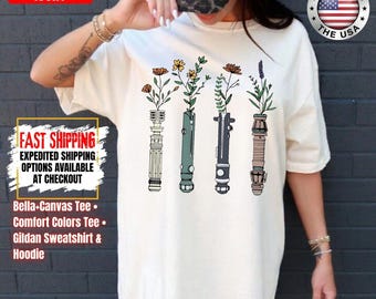 Floral Lightsaber Star Wars Shirt, Disney Tee, Flowers Lightsaber Comfort Colors and Bella+Canvas Shirts, Gildan Sweatshirt and Hoodie