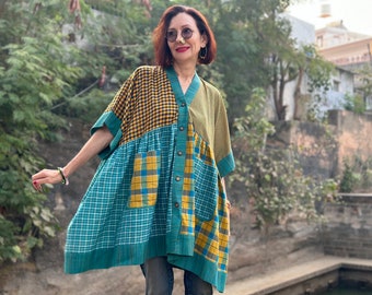 Kaftan tunic in hand woven cotton checks