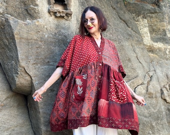 Kaftan tunic in hand printed cotton