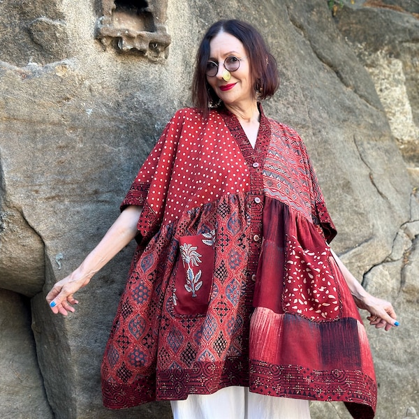 Caftan tunique en coton imprimé à la main