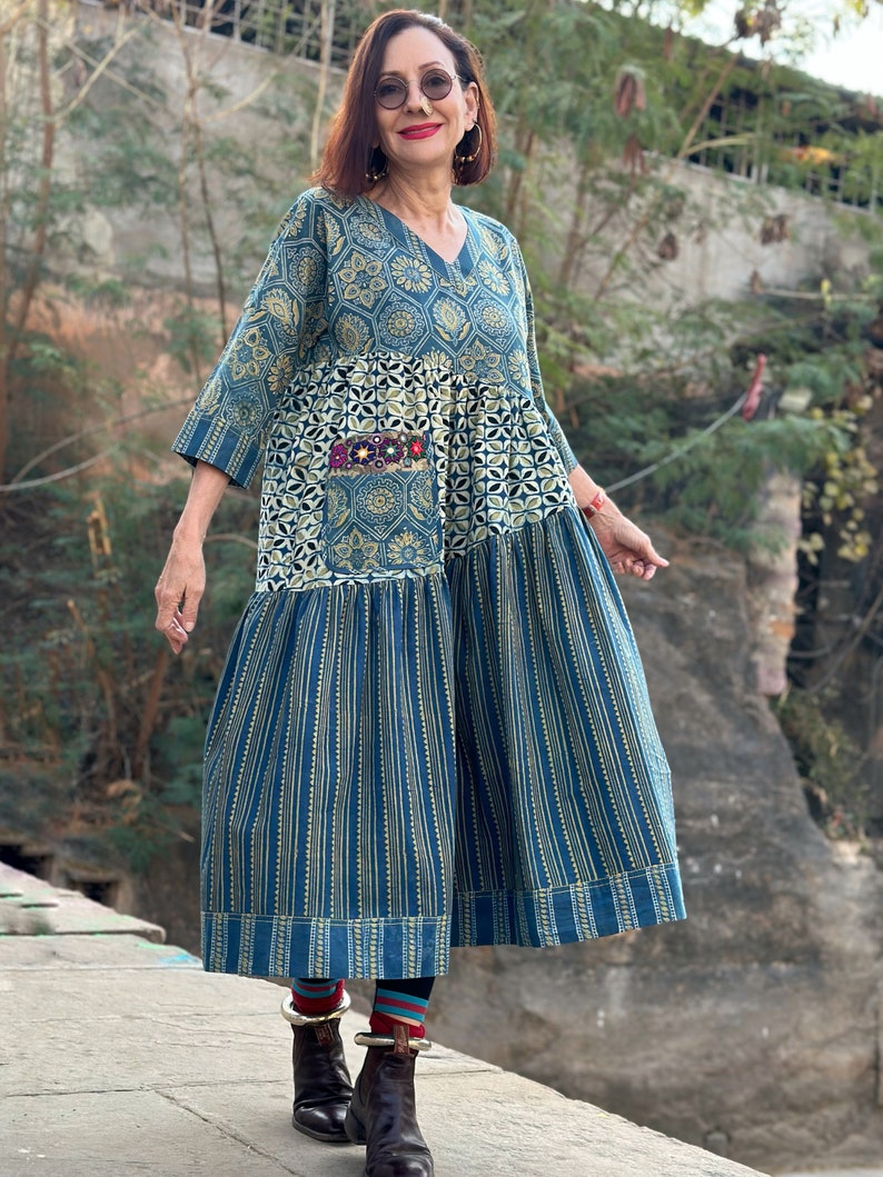 Indigo blue and ecru dress is a tiered cotton dress from hand printed fabrics. Hand embroidery decorates the pocket. zdjęcie 5