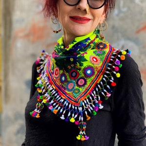 Colorful scarf with a fringe of tassels and beadwork. image 2