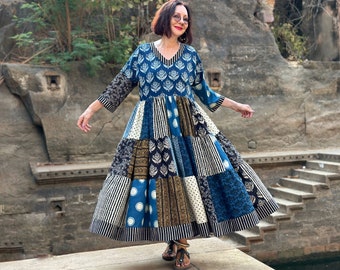 Tiered midi dress of hand dyed block prints. It’s an Indian dress from pure cotton Ajrakh.