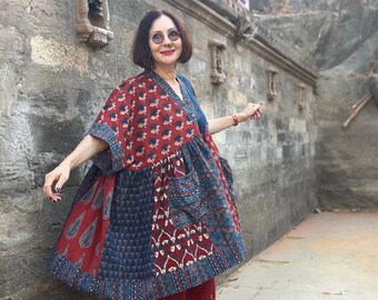 Kaftan tunic in hand printed cotton