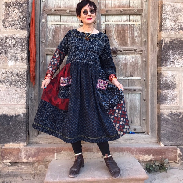 Block printed dress from pure cotton hand printed fabric. This mixed print dress is pullover style and has hand embroidered pockets.