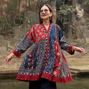Indigo Blue Red Ajrakh Tunic, Indian Mirror Embroidery Kaftan Style