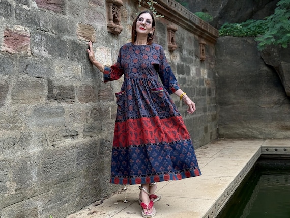 ajrakh cotton dress Indigo Cotton Dress, Hand-printed Ajrakh Fabric, Kutchi Embroidery
