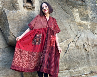 Mid calf, red cotton kaftan. Art wear style from exquisite hand made fabrics with lots of details you’ll love