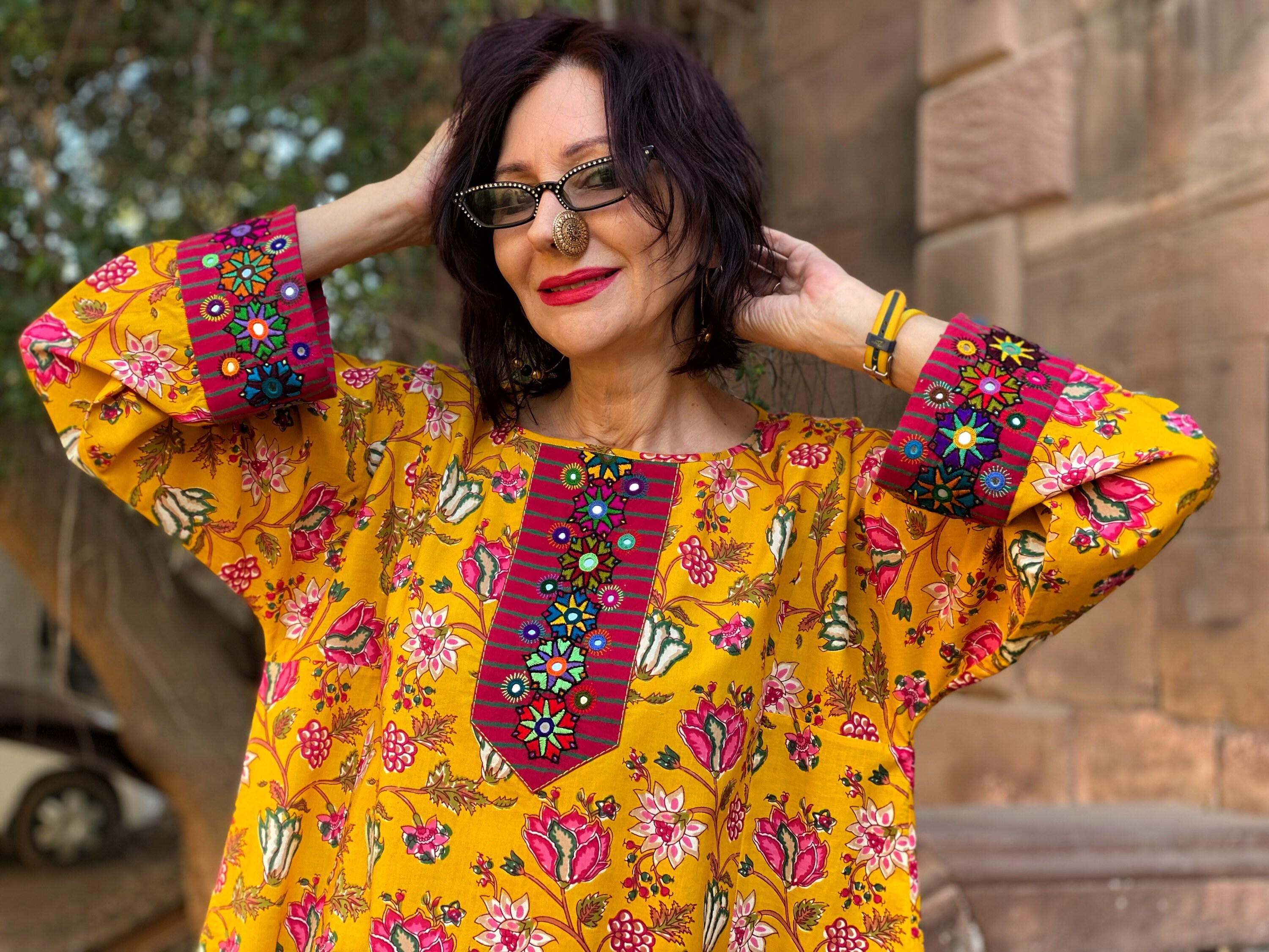 Yellow Floral Tunic With 3/4 Sleeves 