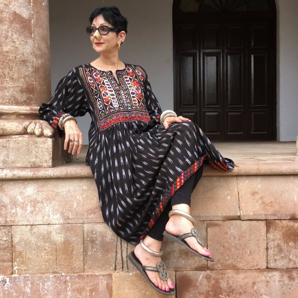 Khadi cotton dress , black and white tunic , Indian hand loom , ikat  , individual style ,