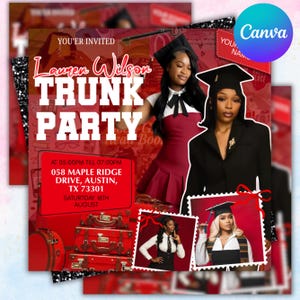 Trunk feestfolder, afscheidsfeestje uitnodiging, flyer voor DIY kofferbakfeest, uitnodiging afstudeerfeest, uitnodiging college, uitnodiging op canvas, bewerkbaar op canvas