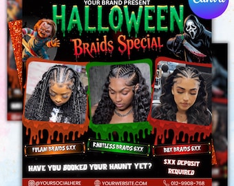 Halloween Braid Flyer, Spooky Season Canva Template, Halloween Knotless Braids Flyer, Spooky Braids Special Flyer, October Editable flyer