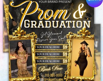Prom and Graduation Booking Flyer | Hair, Nails, Lashes, Makeup | Special Deals for Prom & Grad | Book Now for Your Perfect Look