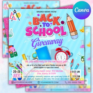 Back To School Flyer Giveaway Flyer, Back to school Supplies flyer, DIY Canva template, Back 2 School Flyer, Giveaway Special Flyer Canva