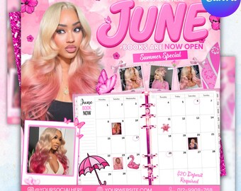 June Booking Flyer, Template Summer Beauty Flyer, Canva Editable Hair, Nails Lashes Makeup, June Books Open, DIY text, instant download