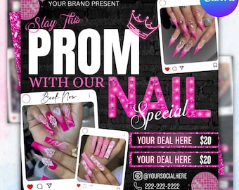 Prom Nails Special Flyer, Prom Booking Flyer, Prom Season , Prom Special flyer, Prom Invite, Beauty, Lashes, Make up, Nails, Hair, Canva