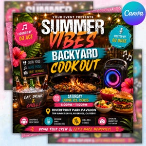 Könnte beinhalten: Ein digitaler Veranstaltungsflyer für ein Summer Vibes Backyard Cookout am 21. Juni 2025 im Riverfront Park Pavilion. Die Grafik zeigt einen Holzkohlegrill mit Essen, einen Lautsprecher, Getränke in einem Metalleimer, einen Burger und Textdetails.
