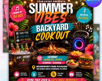 Summer Backyard Cookout Flyer, BBQ Party Invitation, Canva Editable Template