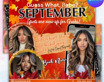 September Booking Flyer, September flyer, Fall Booking Flyer, September Books Open, Wig Install, Lash Nail Braids Flyer, Editable in Canva