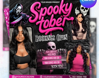 October Booking Flyer, Halloween Booking Flyer, Spooky Season, October Hair Wax Lash Nails MUA Braids Makeup Wig Locs Esthe Booking Flyer