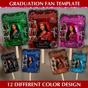 May include: A collection of graduation fan templates in various colors, each featuring a photo of a graduate, the text "Congratulations Graduate Class of 2026", and the graduate's name. The fans are mounted on wooden sticks.