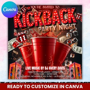 Kickback Party Flyer, Editable Kickback Club Flyer, Club DJ Party Invite, Event Flyer, Social Media Flyer, Canva Template, Instant Download
