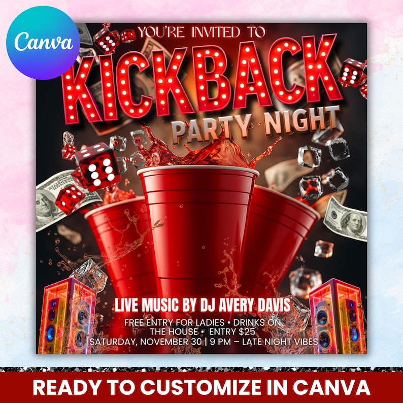 Kickback Party Flyer, Editable Kickback Club Flyer, Club DJ Party Invite, Event Flyer, Social Media Flyer, Canva Template, Instant Download