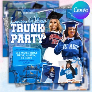Trunk feestfolder, afscheidsfeestje uitnodiging, flyer voor DIY kofferbakfeest, uitnodiging afstudeerfeest, uitnodiging college, uitnodiging op canvas, bewerkbaar op canvas