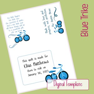 May include: A digital template with a light green background and a white sheet featuring blue tricycle illustrations and text. The text includes a poem, a dedication to Elias Matthews, and the phrase "Digital Template."