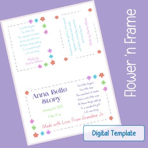 Op de afbeelding: Een digitale sjabloon genaamd "Flower 'n Frame" op een lavendelkleurige achtergrond. De sjabloon bevat een gedicht en ruimte voor de details van de baby. Versierd met kleurrijke bloemen. Het gewicht van de baby is 2,5 kg.