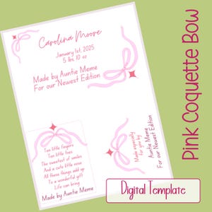 Digital Quilt Label Template Personalized Fabric Tag Baby Blanket Identification Patch Coquette Bow Pink Design Custom Sewing Sublimated
