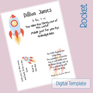 Digitale Quilt-Etikettenvorlage Canva Bearbeitbares Design Rakete Weltraum Thema Baby-Erkennungsmarke für Deckenpatch Personalisierter Stoff