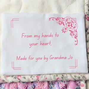 Custom Quilt Label Fabric Patch Sublimated Design Flower Scroll Work Handmade Baby Blanket Tag Personalized Sewing Accessory Quilting Gift