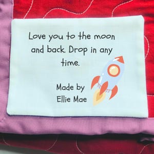 Personalized Quilt Label Fabric Tag Custom Design Rocket Ship Spaceship Patch Handmade Quilting Memory Sublimated Baby Blanket Idea Sewing