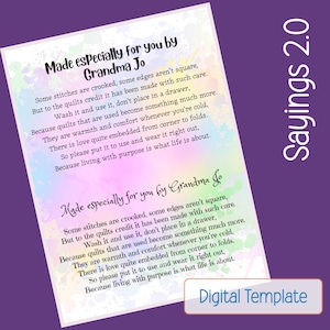 Custom rainbow watercolor quilt label quilt tag idea personalize sew in quilt label fabric label custom poem for handmade quilt label or tag