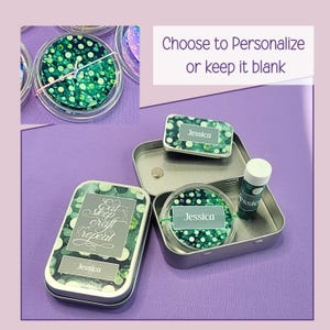 May include: A collection of personalized craft kits in small metal tins. The tins feature green and white polka dot designs, with the name "Jessica" on some. One tin reads "Eat Sleep Craft Repeat". The image includes the text "Choose to Personalize or keep it blank."