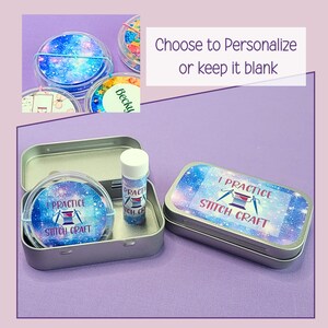 May include: A silver tin with a blue and white galaxy design, containing a small bottle and a round container with the text "I Practice Stitch Craft." Additional containers with galaxy and personalized designs are visible.