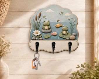 Portachiavi a forma di rana, portachiavi a forma di stagno, decorazione da parete per amanti delle rane, organizer stravagante per l'ingresso, ganci portachiavi a tema natura, regalo per l'inaugurazione della casa