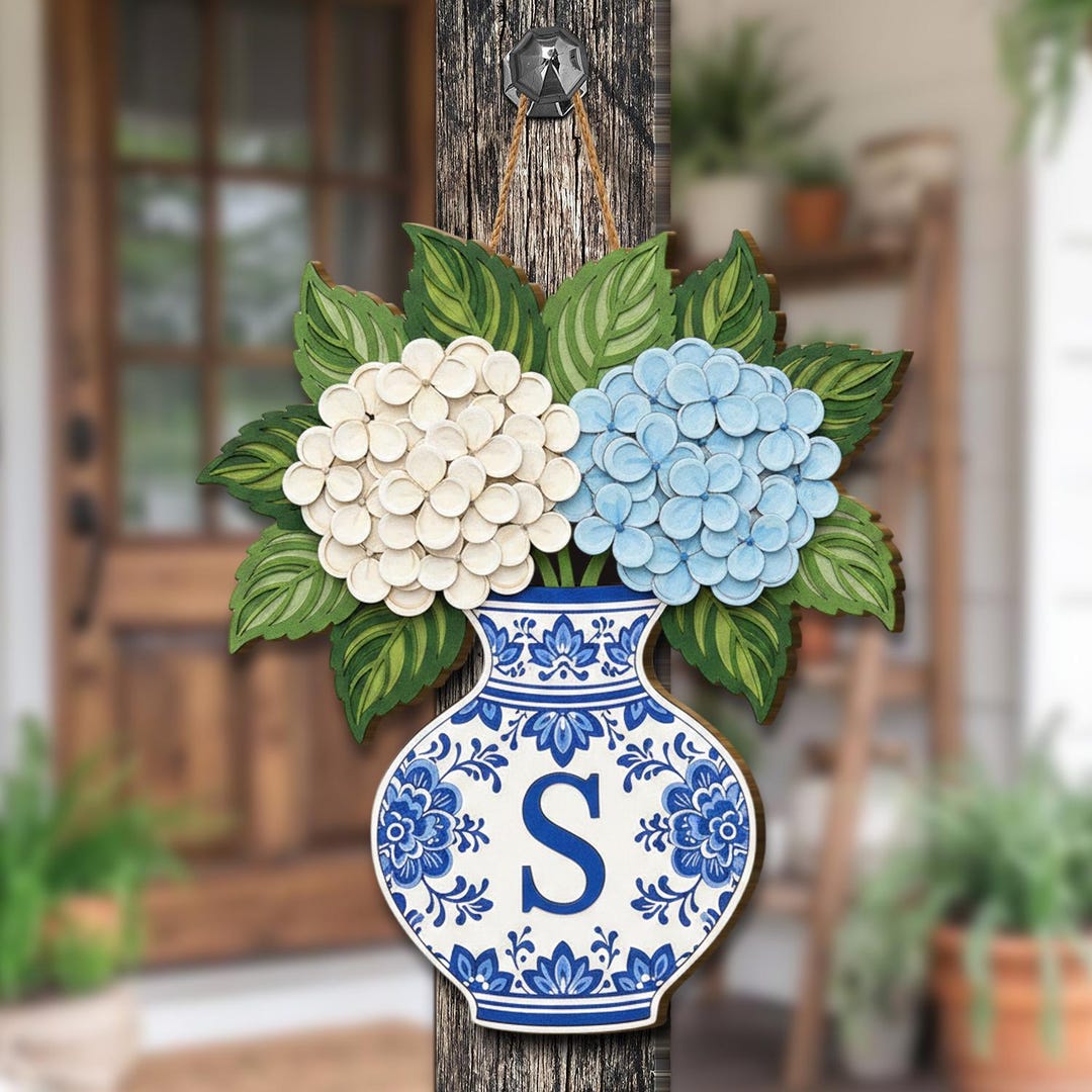 Custom Chinoiserie Wooden Door Sign, Personalized Blue White Vase Door Hanger, 3D Hydrangea Front Door Decor