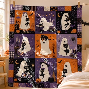Couverture patchwork avec chat noir fantôme, jeté d'Halloween mignon, couverture pour amoureux des chats, cadeau de décoration d'automne