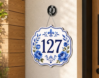 Personalized Blue Floral House Number Sign, Custom Wooden Address Sign, Chinoiserie Door Plaque, Cottage Outdoor Home Decor Gift