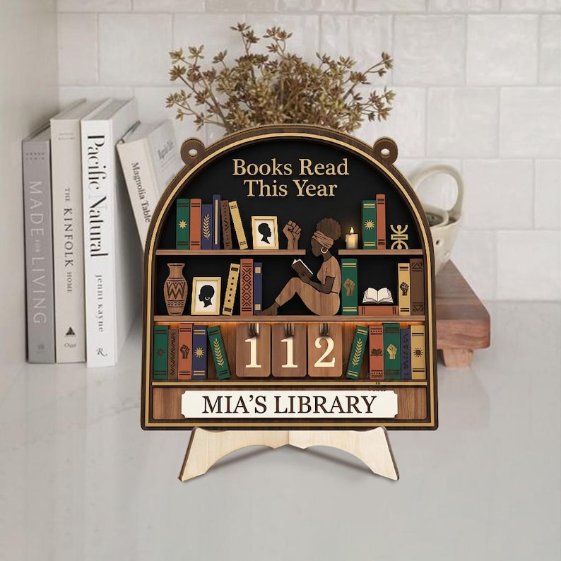 Books Read This Year Tracker Sign, African Reader Gift, Black Woman Reading Decor, Personalized Library Bookshelf Wall Art