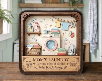 Mom Laundry Room 3D Shadow Box Decor, Laundry Room Wooden Display, Rustic Laundry Quote Sign, Cute Laundry Room Shelf Decor