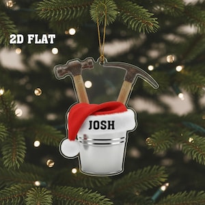 Personalisierte Bauarbeiter 2D FLACHE Verzierung, kundenspezifische Werkzeugeimer Weihnachtsbaumdekoration, Schreiner Geschenk, Erbauer Feiertags-Andenken