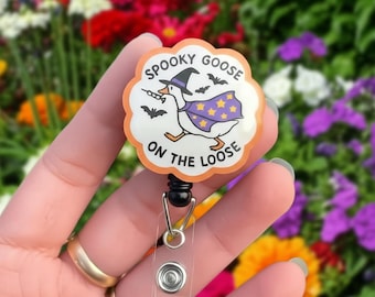 Spooky Goose Badge Reel, Halloween Witch Goose ID Holder, Retractable Name Tag Clip, Cute Nurse Office Work Accessory, Halloween Nurse Gift
