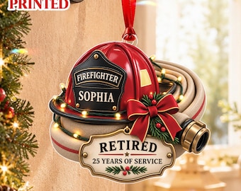 Retired Firefighter Ornament, Personalized Firefighter Retirement Gift, Custom Name Fire Helmet Ornament, Years of Service Keepsake